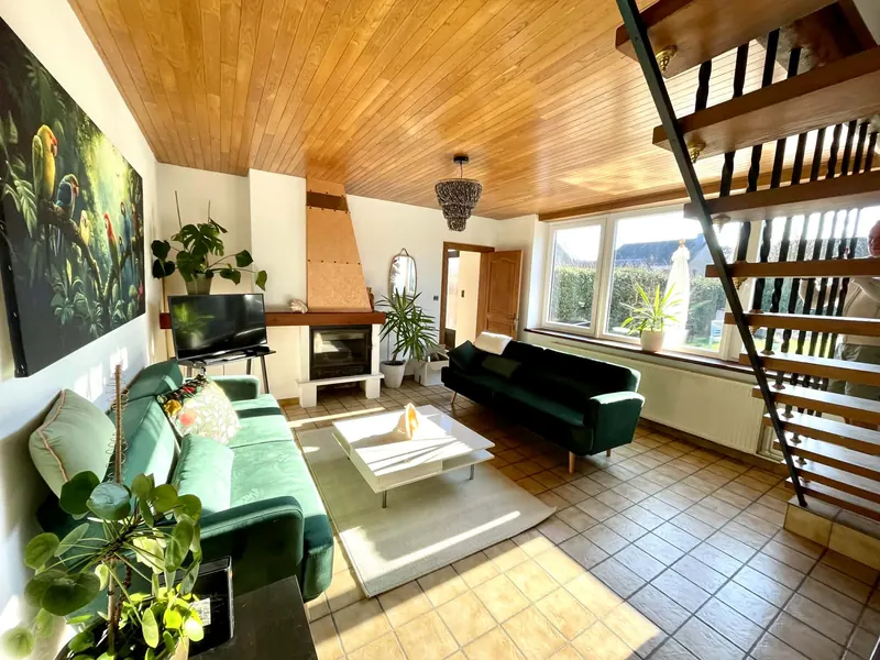 Open-plan living area under a warm wooden ceiling