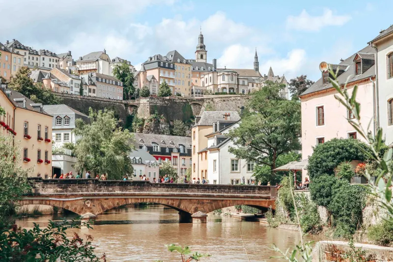 Luxembourg City old town with stone bridge over the river
